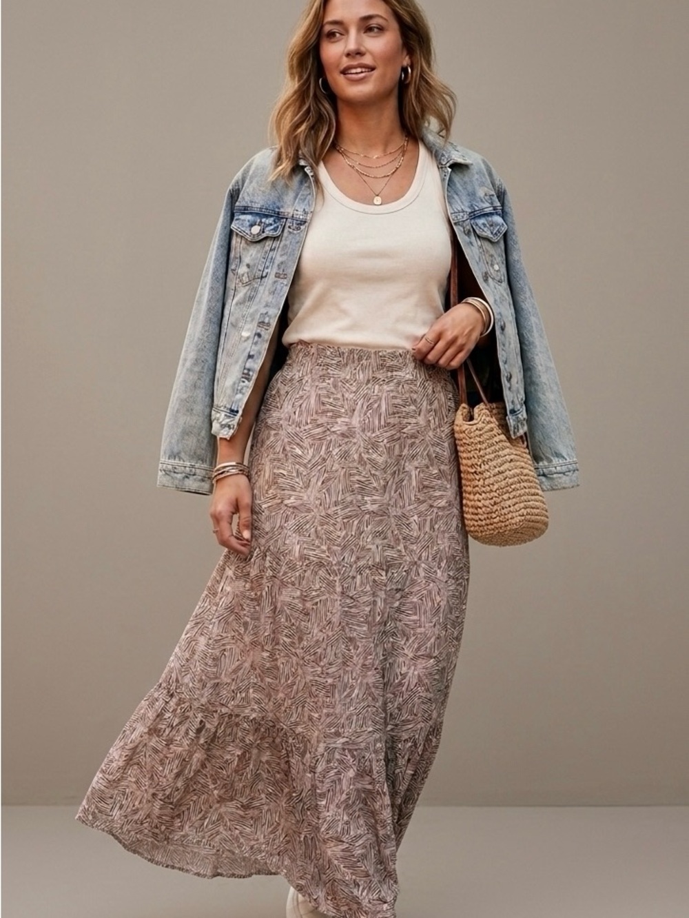 C By One Mauve Tiered Maxi Skirt Size Large